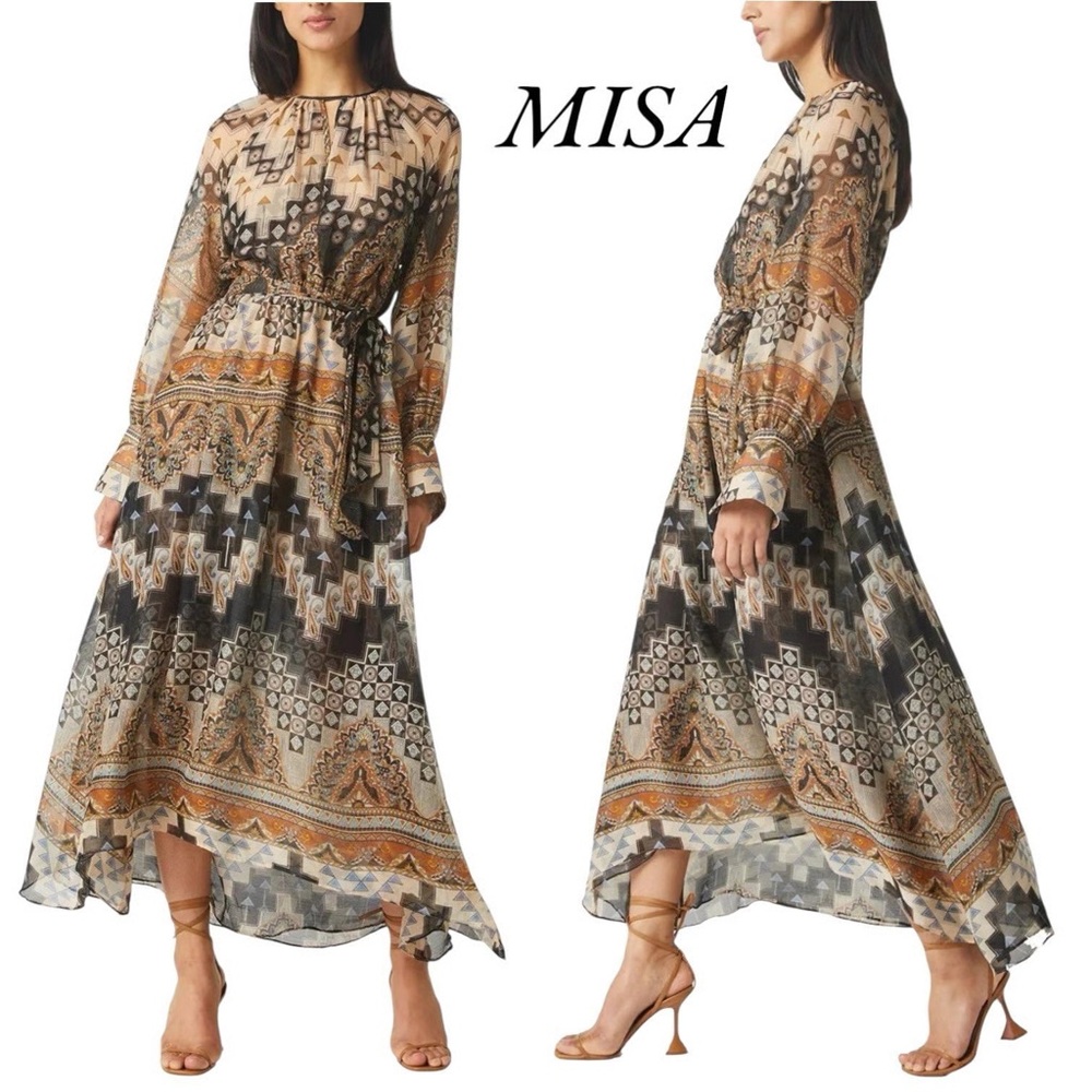 Misa LA Paloma Maxi Dress Alhambra Mosaic Chiffon Long Sleeve Printed Dress Sz M